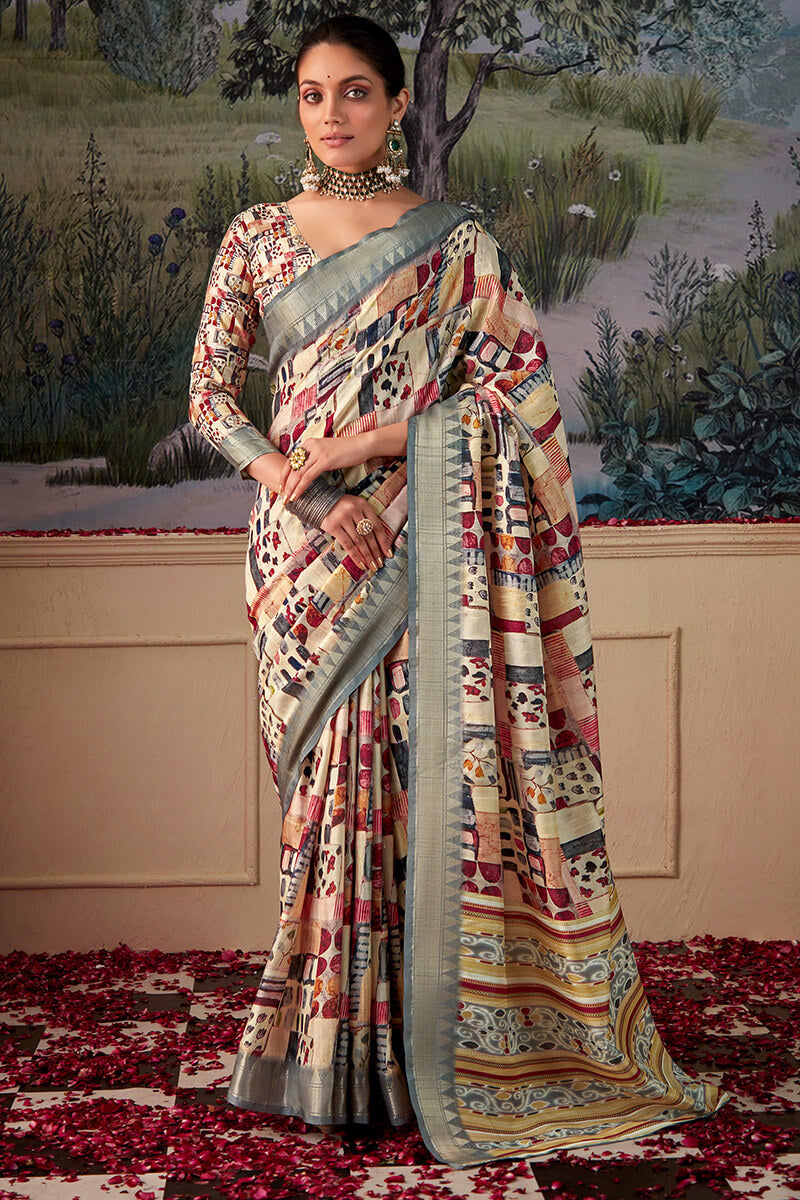 Petrichor Beige Digital Printed Tussar Silk Saree With Moiety Blouse Piece