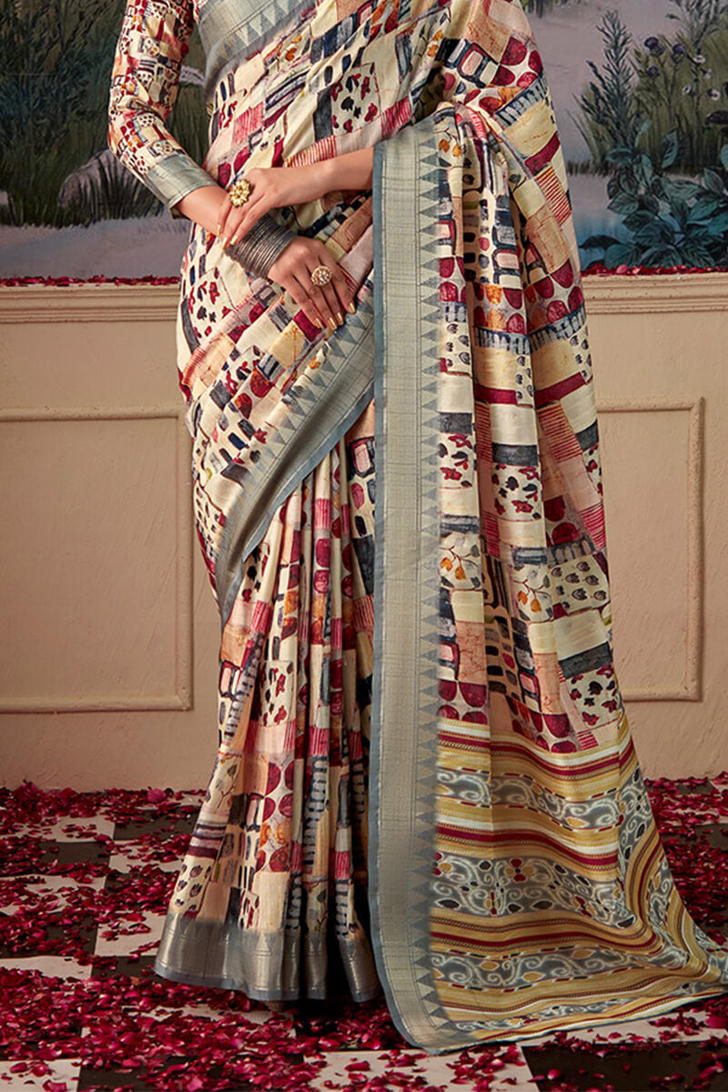 Petrichor Beige Digital Printed Tussar Silk Saree With Moiety Blouse Piece