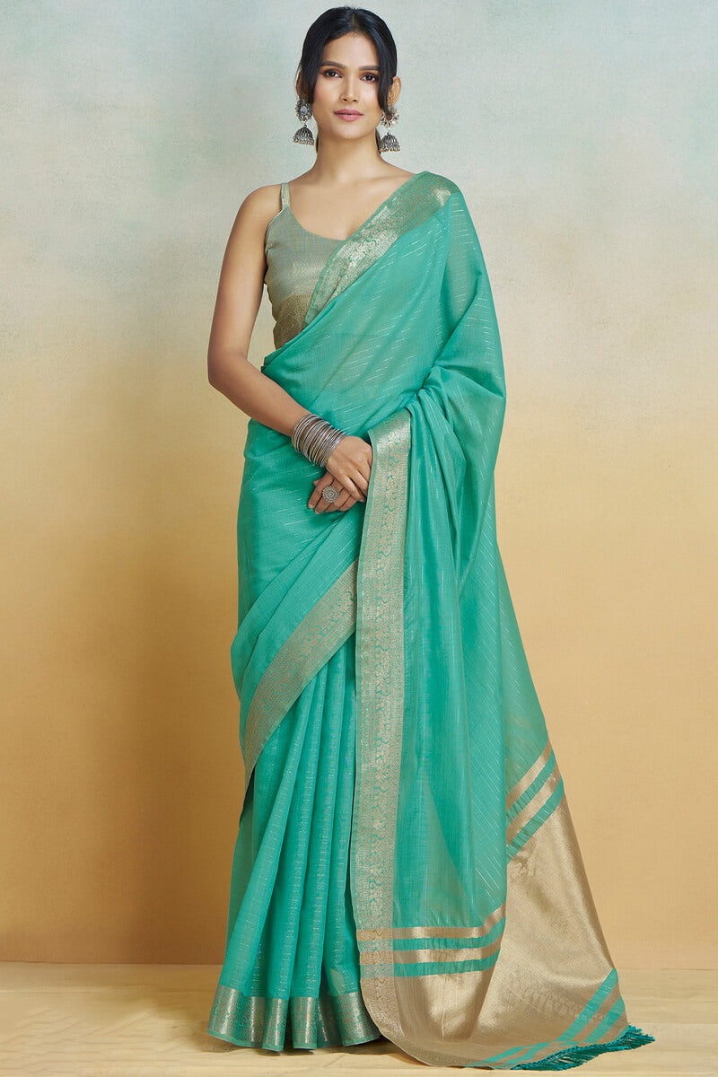 Lustrous Sea Green Cotton Silk Saree With Proficient Blouse Piece