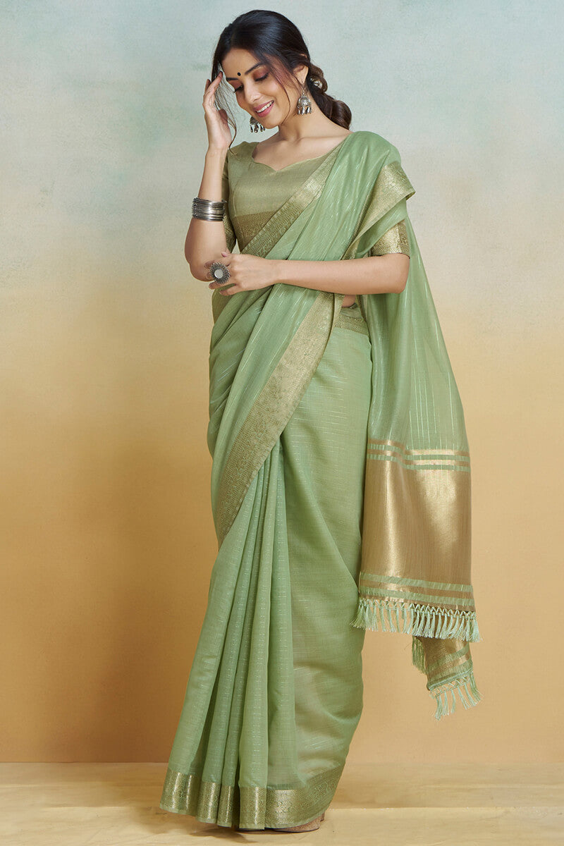 Evanescent Pista Cotton Silk Saree With Confounding Blouse Piece