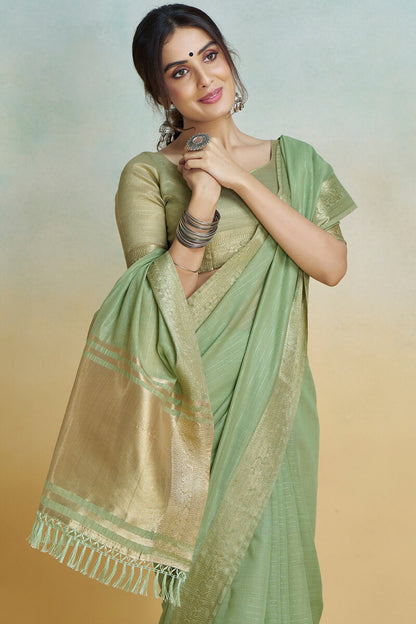 Evanescent Pista Cotton Silk Saree With Confounding Blouse Piece