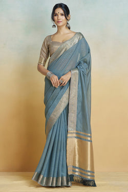Luminous Dark Grey Cotton Silk Saree With Ailurophile Blouse Piece