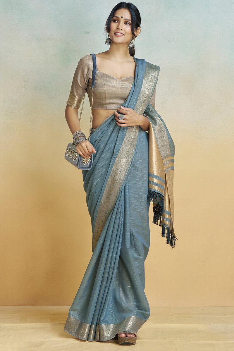Luminous Dark Grey Cotton Silk Saree With Ailurophile Blouse Piece