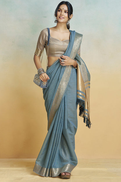 Luminous Dark Grey Cotton Silk Saree With Ailurophile Blouse Piece