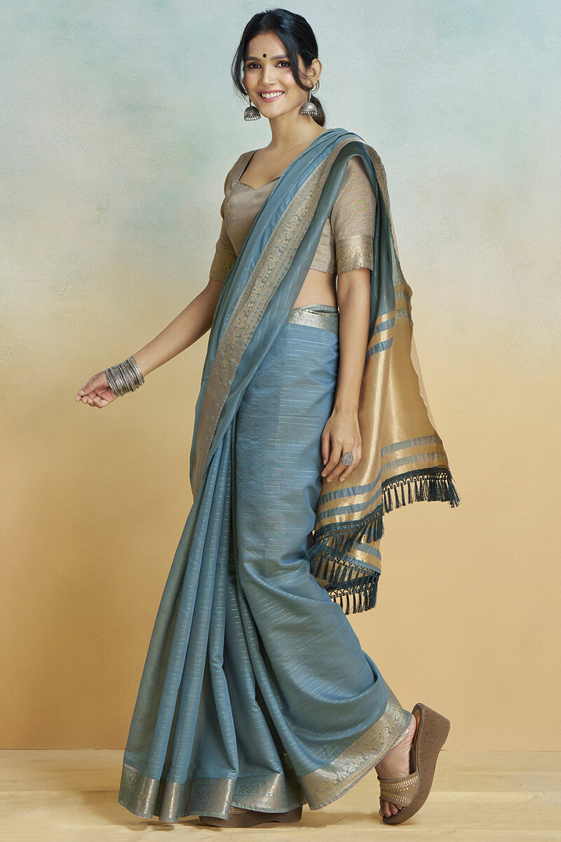 Luminous Dark Grey Cotton Silk Saree With Ailurophile Blouse Piece