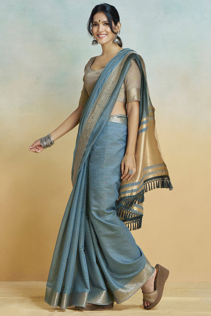 Luminous Dark Grey Cotton Silk Saree With Ailurophile Blouse Piece