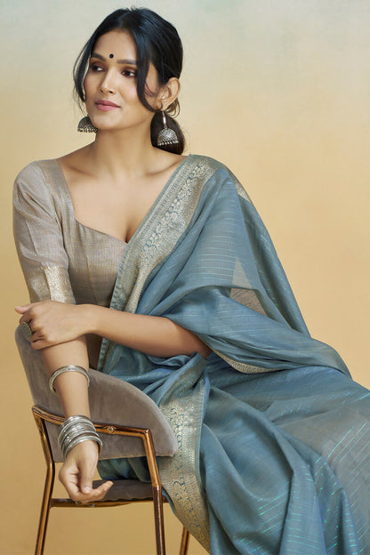 Luminous Dark Grey Cotton Silk Saree With Ailurophile Blouse Piece