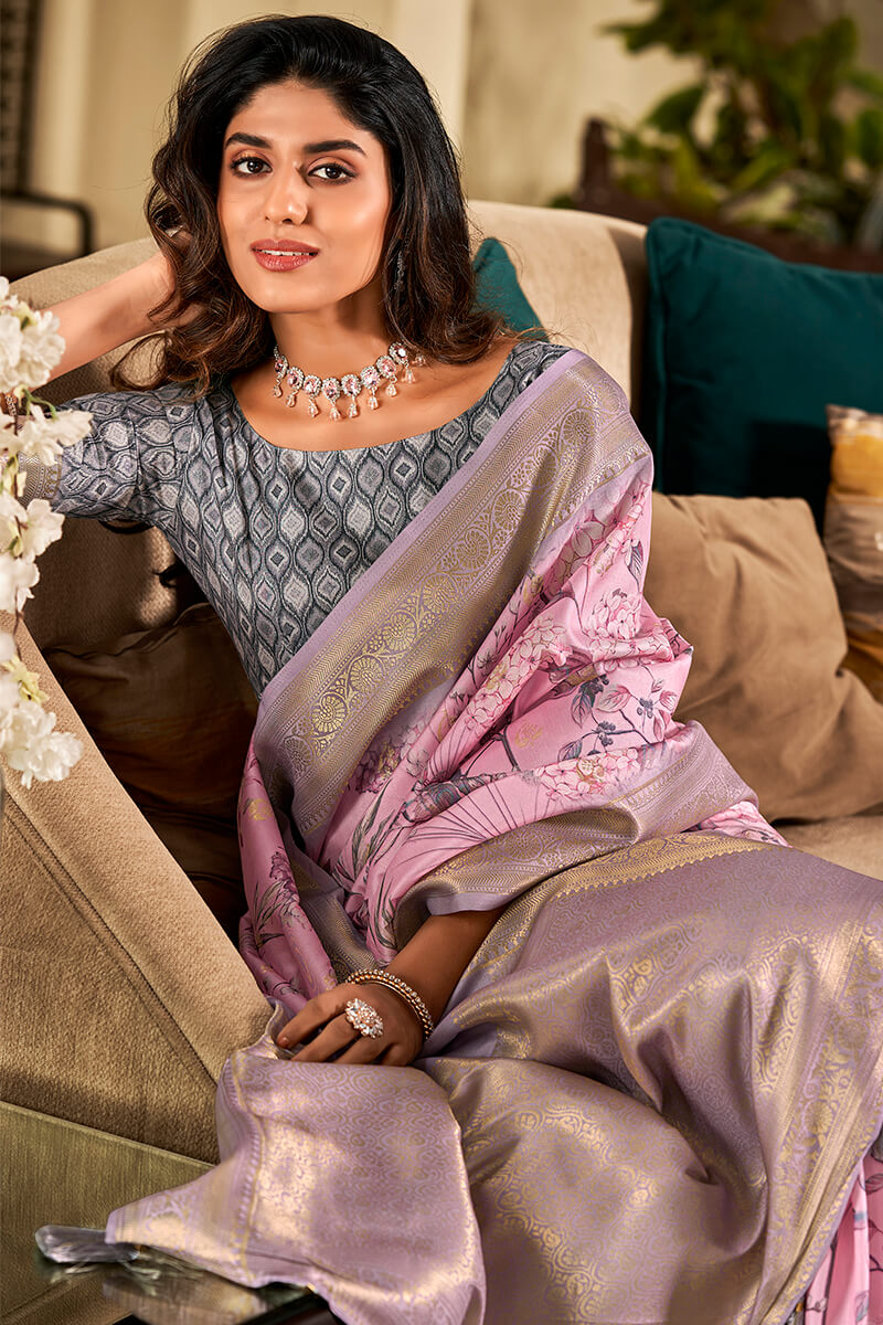 Appealing Baby Pink Digital Printed Soft Silk Saree With Stunning Blouse Piece