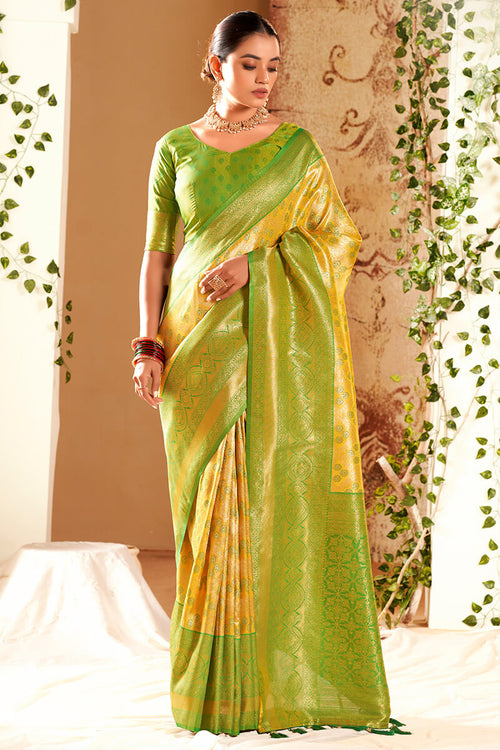 Load image into Gallery viewer, Angelic Yellow Kanjivaram Silk Saree With Conflate Blouse Piece
