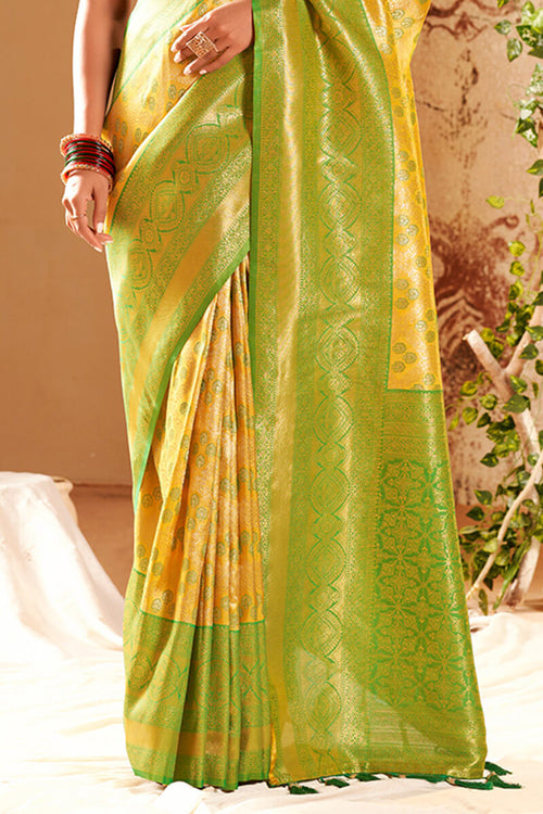 Load image into Gallery viewer, Angelic Yellow Kanjivaram Silk Saree With Conflate Blouse Piece
