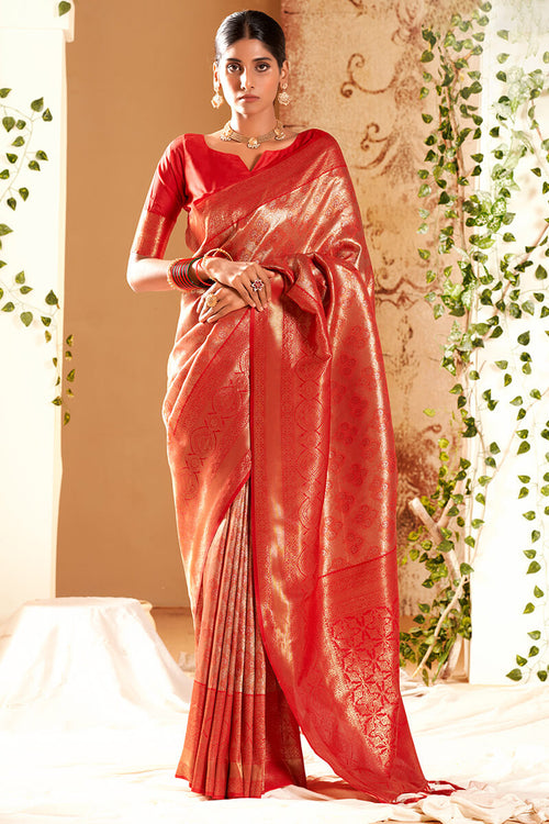 Load image into Gallery viewer, Effervescent Red Kanjivaram Silk Saree With Mellifluous Blouse Piece
