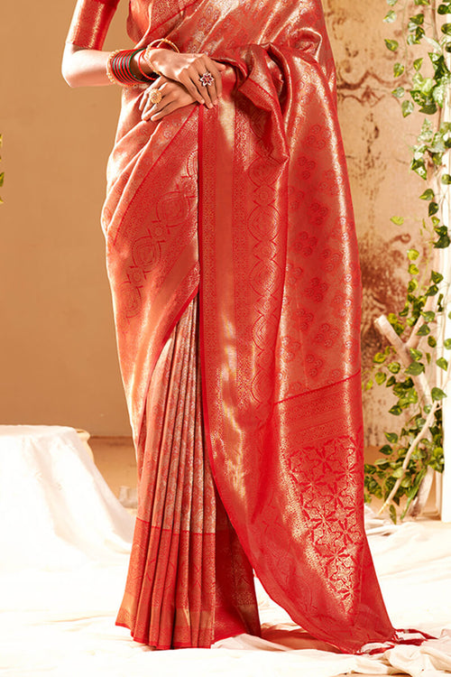 Load image into Gallery viewer, Effervescent Red Kanjivaram Silk Saree With Mellifluous Blouse Piece
