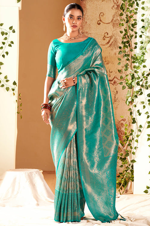 Load image into Gallery viewer, Sumptuous Firozi Kanjivaram Silk Saree With Amiable Blouse Piece
