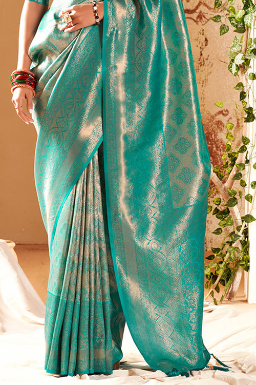 Load image into Gallery viewer, Sumptuous Firozi Kanjivaram Silk Saree With Amiable Blouse Piece
