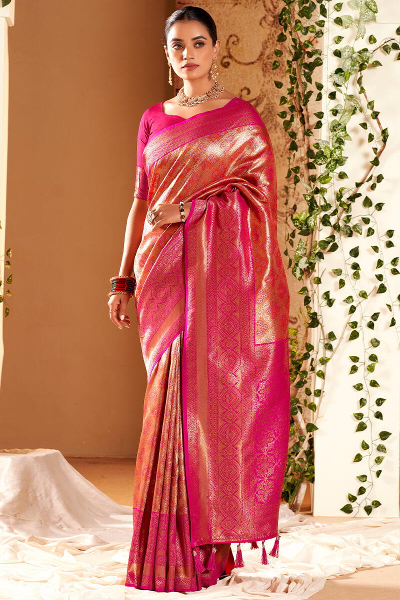 Profuse Dark Pink Kanjivaram Silk Saree With Ornate Blouse Piece