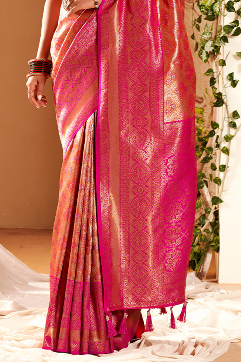 Profuse Dark Pink Kanjivaram Silk Saree With Ornate Blouse Piece