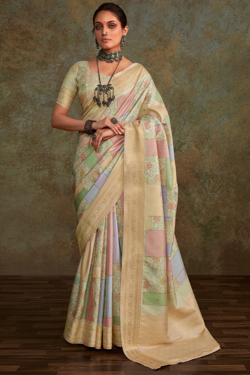 Load image into Gallery viewer, Demesne Pista Digital Printed Soft Silk Saree With Efflorescence Blouse Piece
