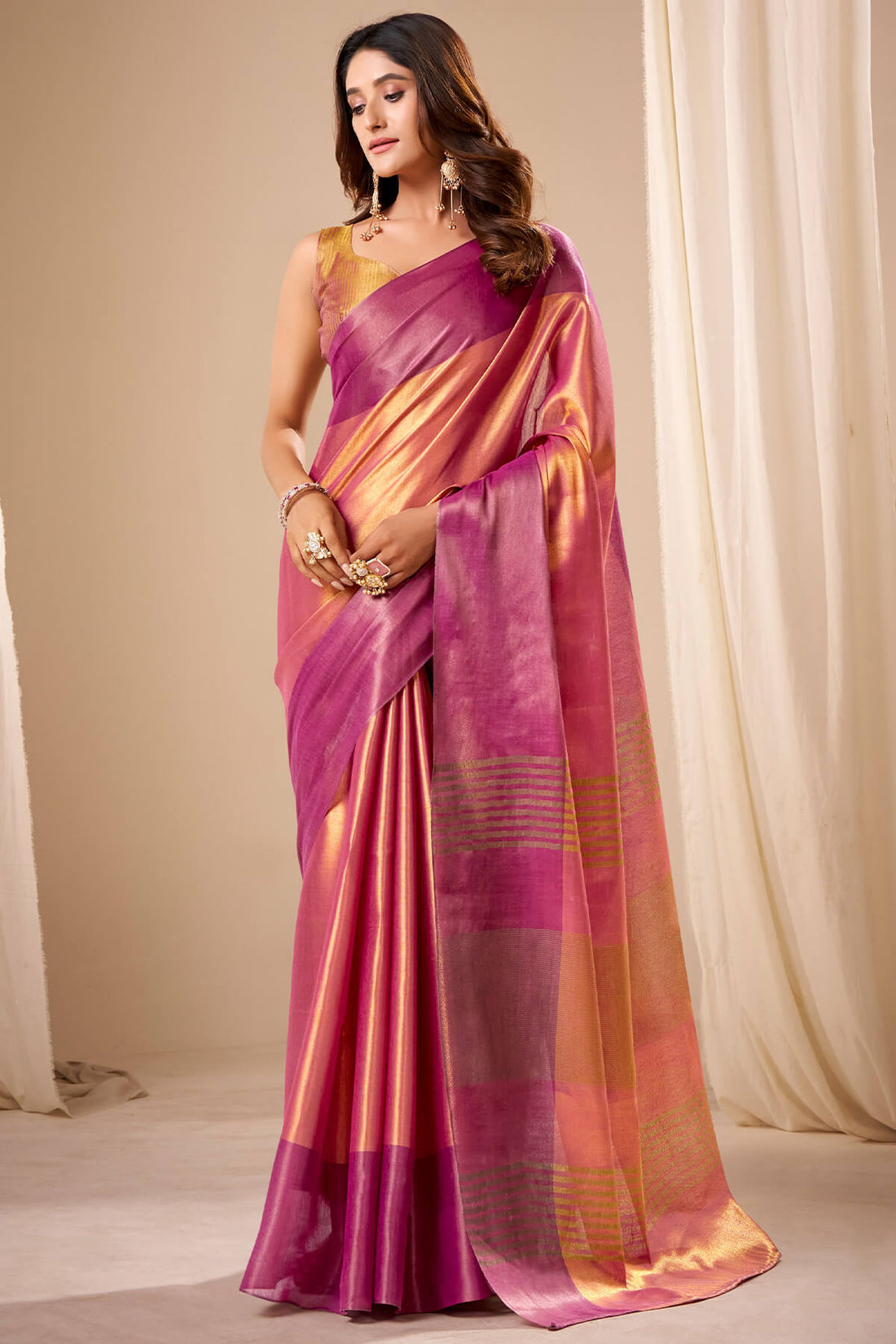 Cynosure Pink Banarasi Tissue Silk Saree With Charming Blouse Piece