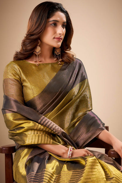 Sempiternal Golden Banarasi Tissue Silk Saree With Ethereal Blouse Piece
