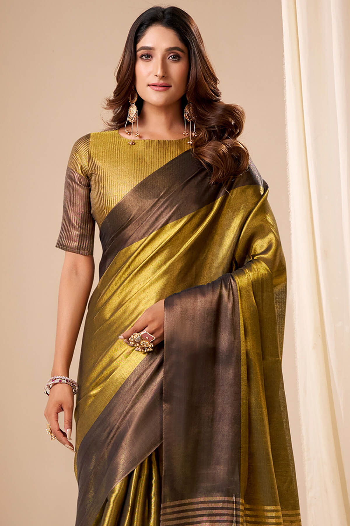 Sempiternal Golden Banarasi Tissue Silk Saree With Ethereal Blouse Piece