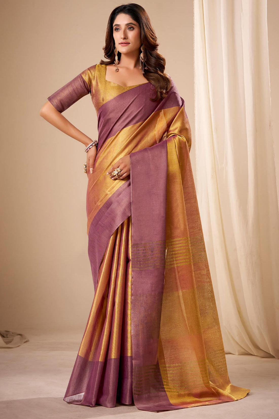 Engaging Brown Banarasi Tissue Silk Saree With Scrumptious Blouse Piece
