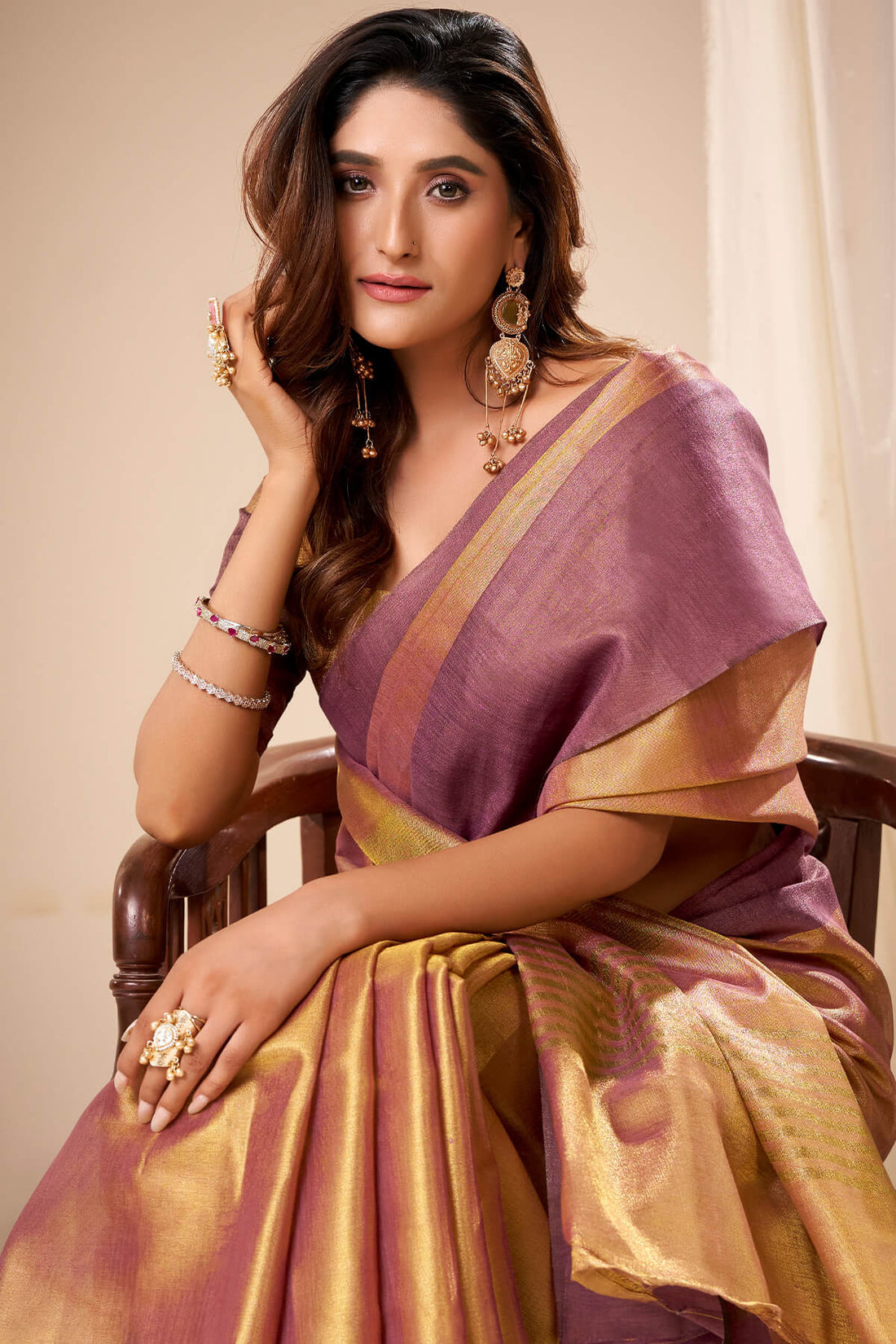 Engaging Brown Banarasi Tissue Silk Saree With Scrumptious Blouse Piece