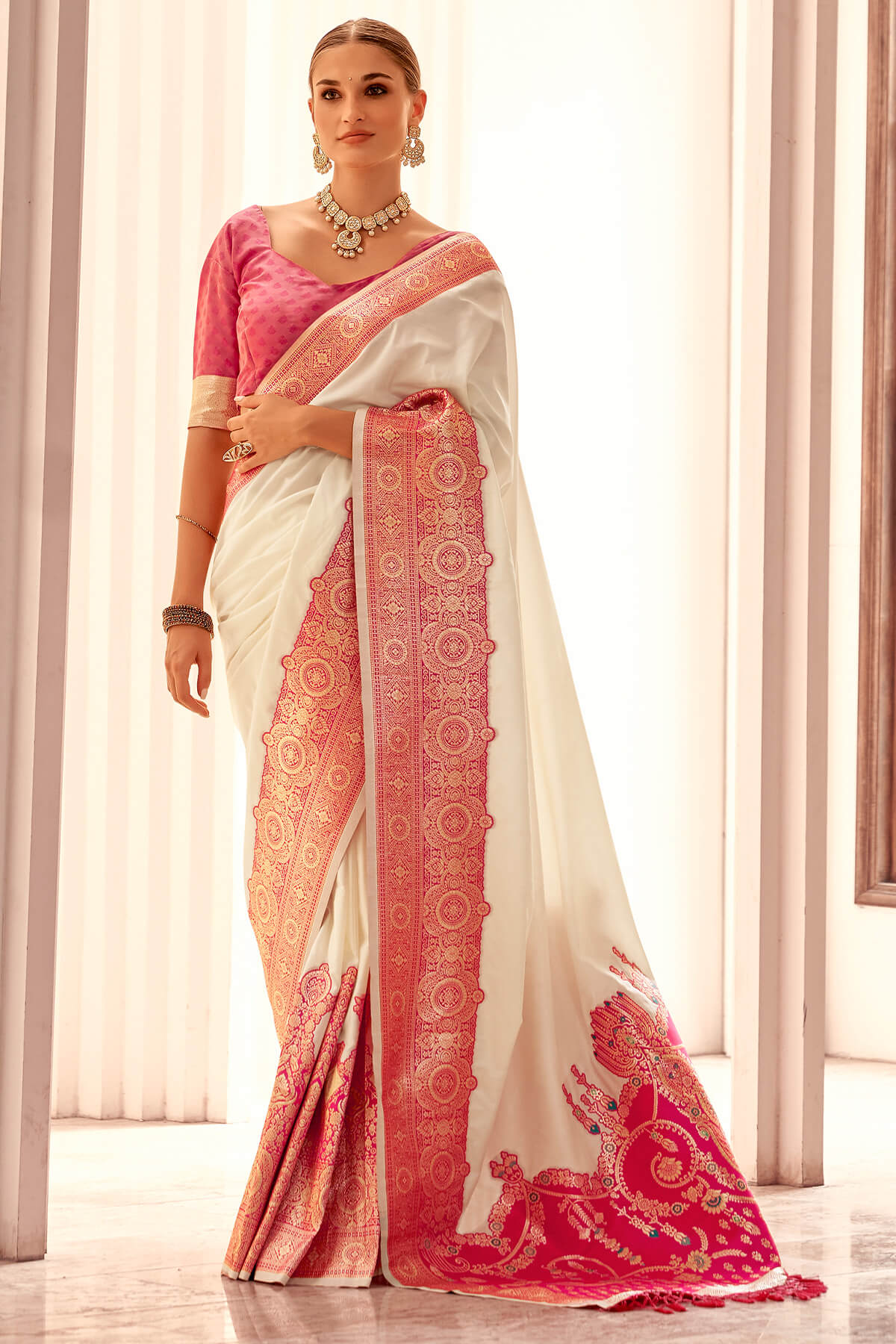 Brood Beige Soft Banarasi Silk Saree With Panache Blouse Piece