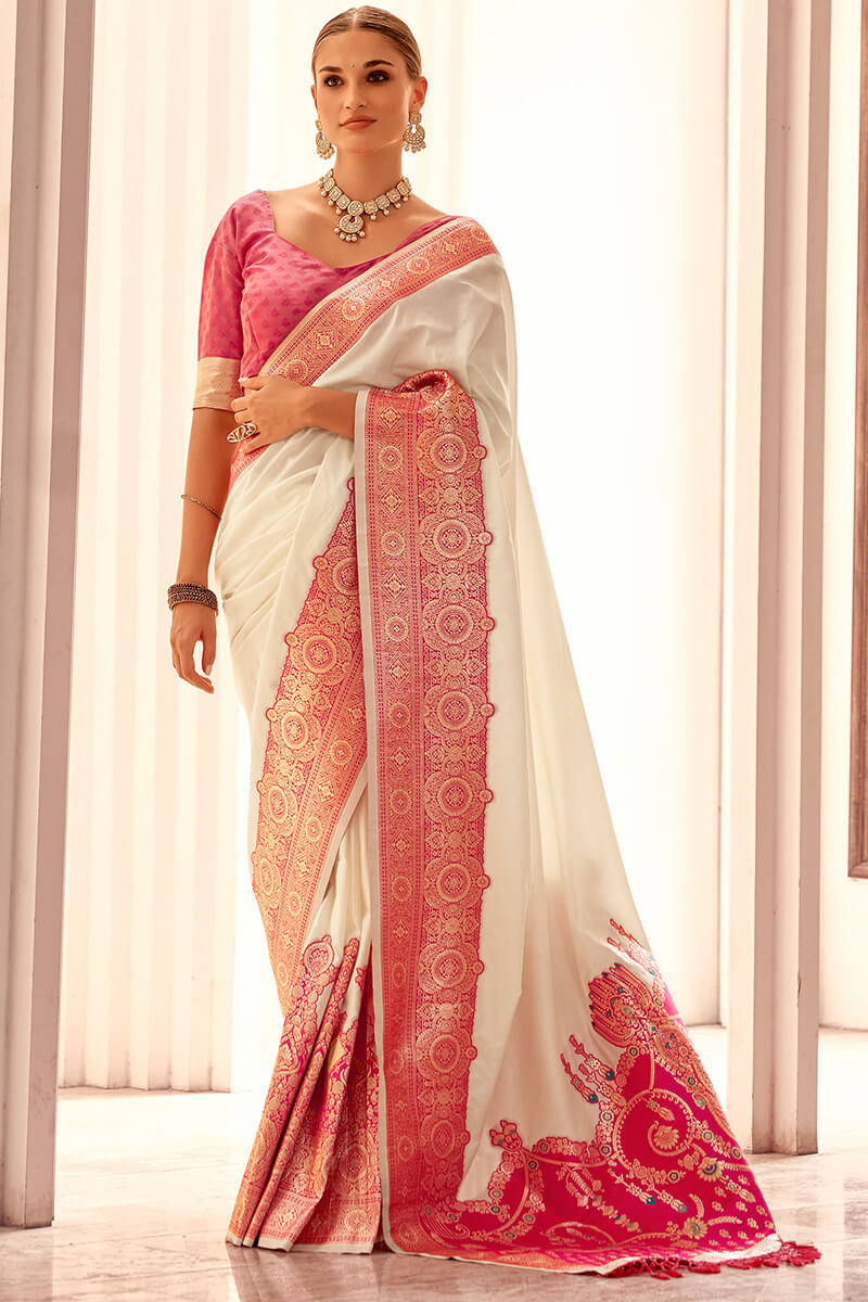 Surpassing Beige Soft Banarasi Silk Saree With Unique Blouse Piece