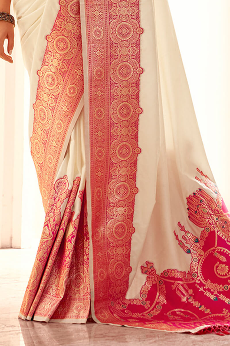 Surpassing Beige Soft Banarasi Silk Saree With Unique Blouse Piece