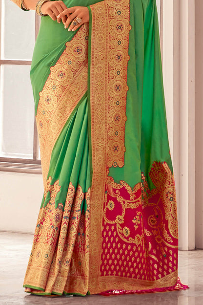 Fugacious Dark Green Soft Banarasi Silk Saree With Opulent Blouse Piece
