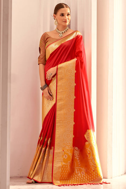 Most Stunning Red Soft Banarasi Silk Saree With Embrocation Blouse Piece