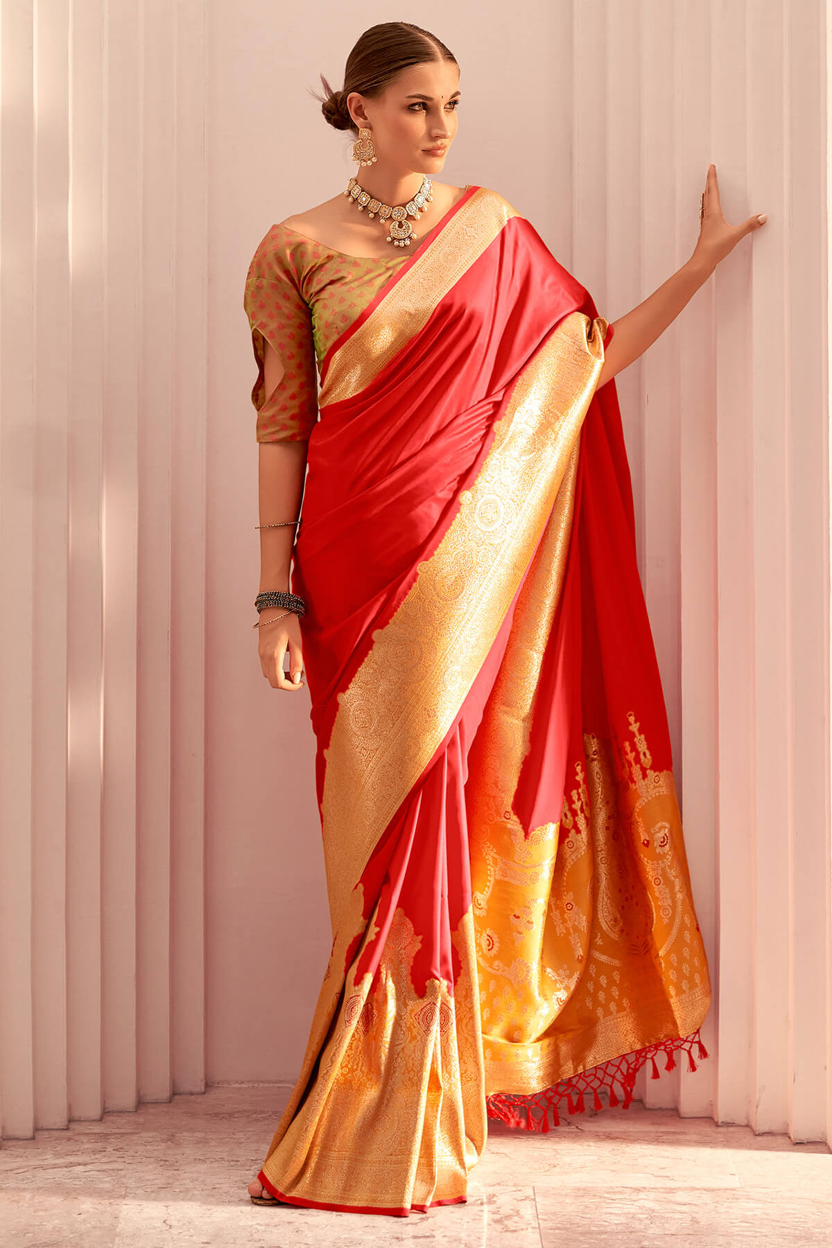 Most Stunning Red Soft Banarasi Silk Saree With Embrocation Blouse Piece