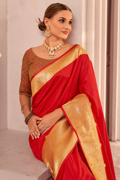 Most Stunning Red Soft Banarasi Silk Saree With Embrocation Blouse Piece
