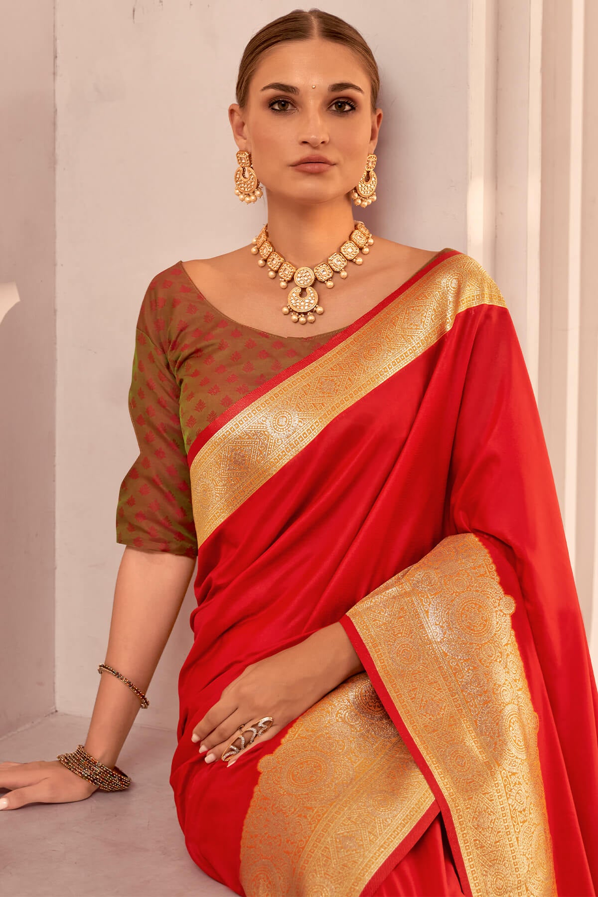 Most Stunning Red Soft Banarasi Silk Saree With Embrocation Blouse Piece