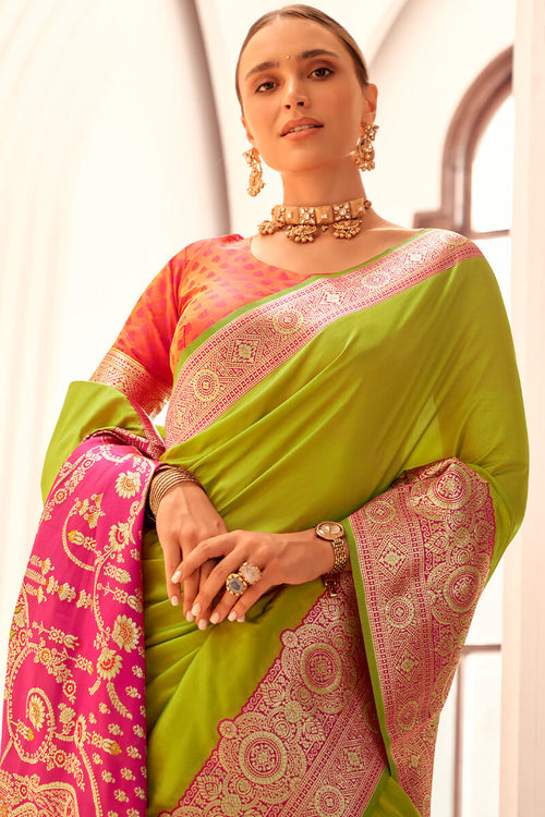 Load image into Gallery viewer, Glorious Mehndi Soft Banarasi Silk Saree With Smart Blouse Piece
