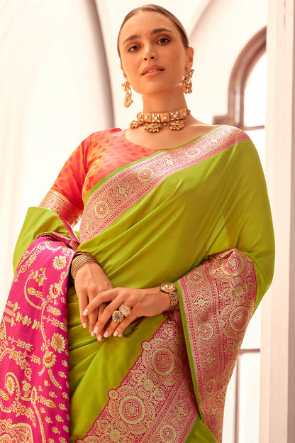 Gorgeous Green Soft Banarasi Silk Saree With Sempiternal Blouse Piece
