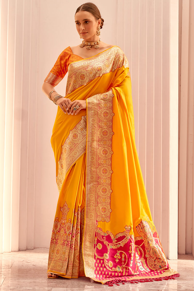 Stunner Yellow Soft Banarasi Silk Saree With Ailurophile Blouse Piece