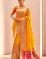 Stunner Yellow Soft Banarasi Silk Saree With Ailurophile Blouse Piece