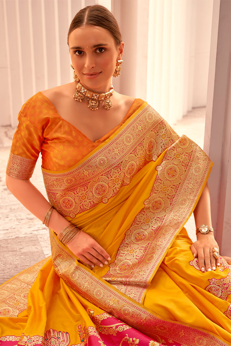 Stunner Yellow Soft Banarasi Silk Saree With Ailurophile Blouse Piece