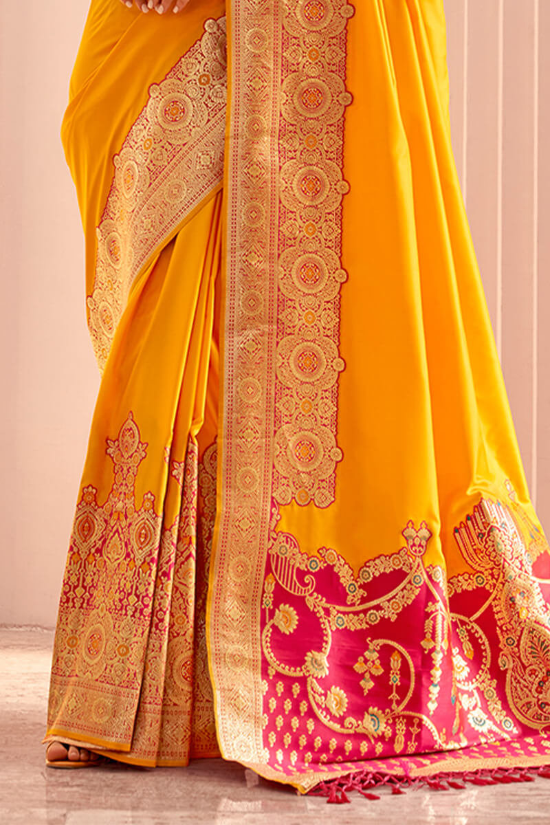 Stunner Yellow Soft Banarasi Silk Saree With Ailurophile Blouse Piece