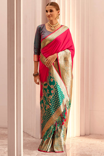 Outstanding Dark Pink Soft Banarasi Silk Saree With Desultory Blouse Piece