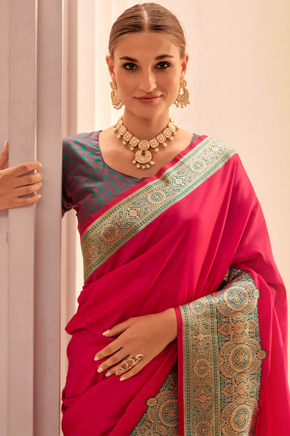 Outstanding Dark Pink Soft Banarasi Silk Saree With Desultory Blouse Piece