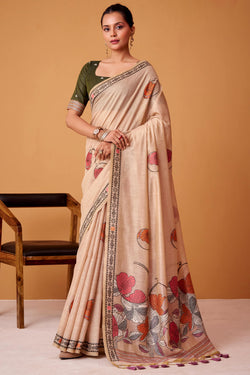 Elegant Peach Jamdani Cotton Silk Saree With Imbrication Blouse Piece