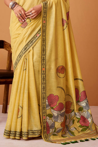 Stunner Yellow Jamdani Cotton Silk Saree With Dissemble Blouse Piece