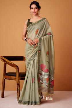 Girlish Green Jamdani Cotton Silk Saree With Sizzling Blouse Piece
