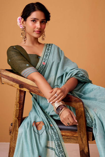 Lissome Sky Jamdani Cotton Silk Saree With Surreptitious Blouse Piece