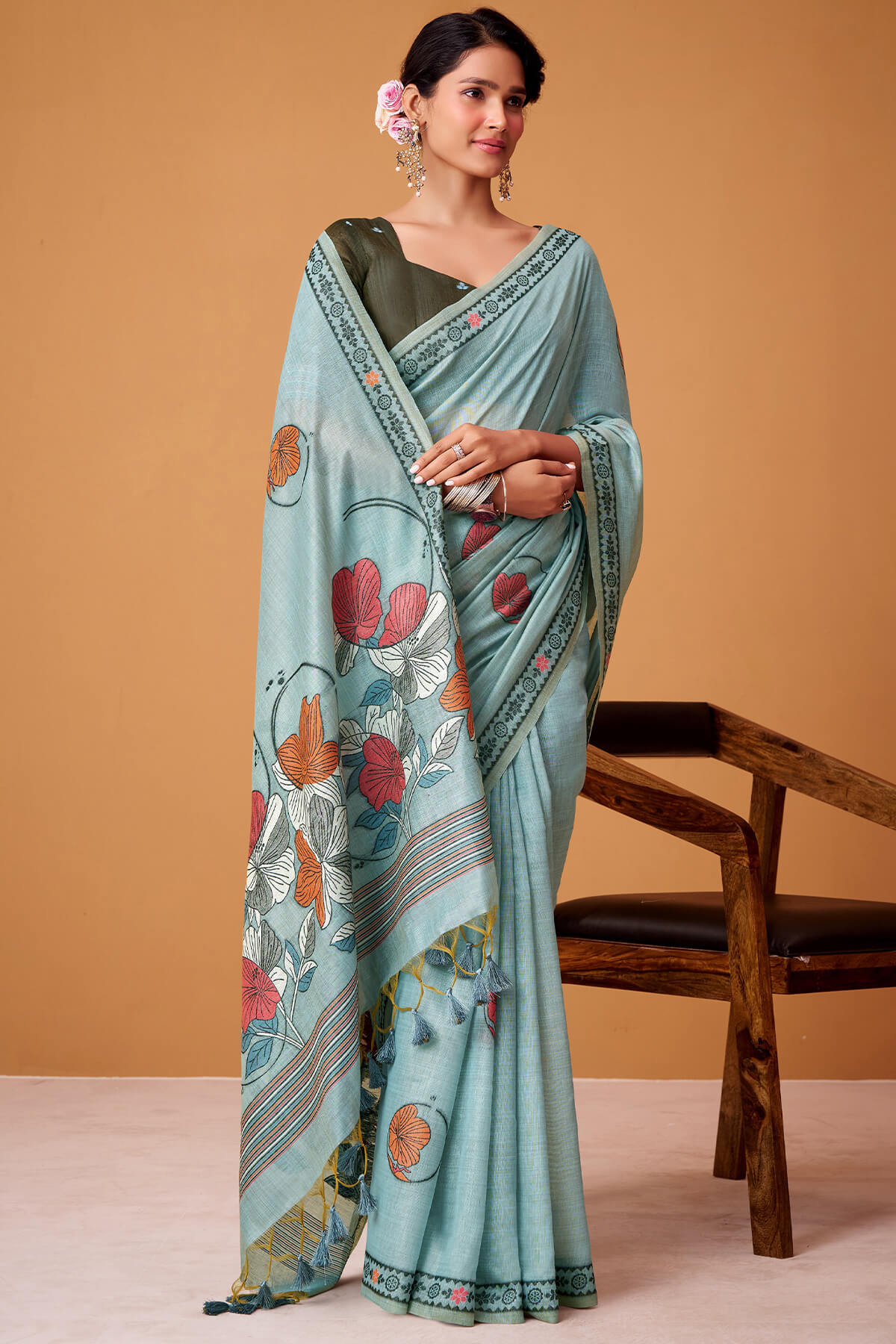 Lissome Sky Jamdani Cotton Silk Saree With Surreptitious Blouse Piece
