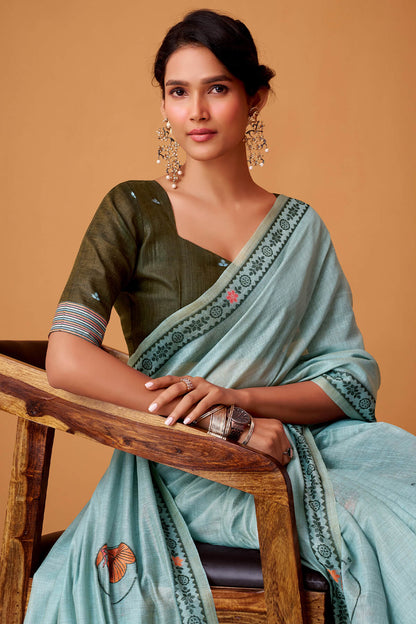 Lissome Sky Jamdani Cotton Silk Saree With Surreptitious Blouse Piece