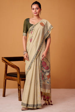 Piquant Beige Jamdani Cotton Silk Saree With Surpassing Blouse Piece