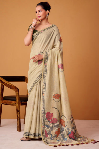 Piquant Beige Jamdani Cotton Silk Saree With Surpassing Blouse Piece